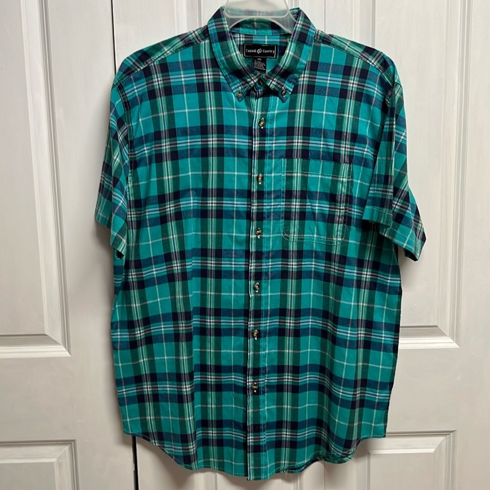 Casual Country Blue Plaid Short Sleeve Pocket Shirt Size 2XL